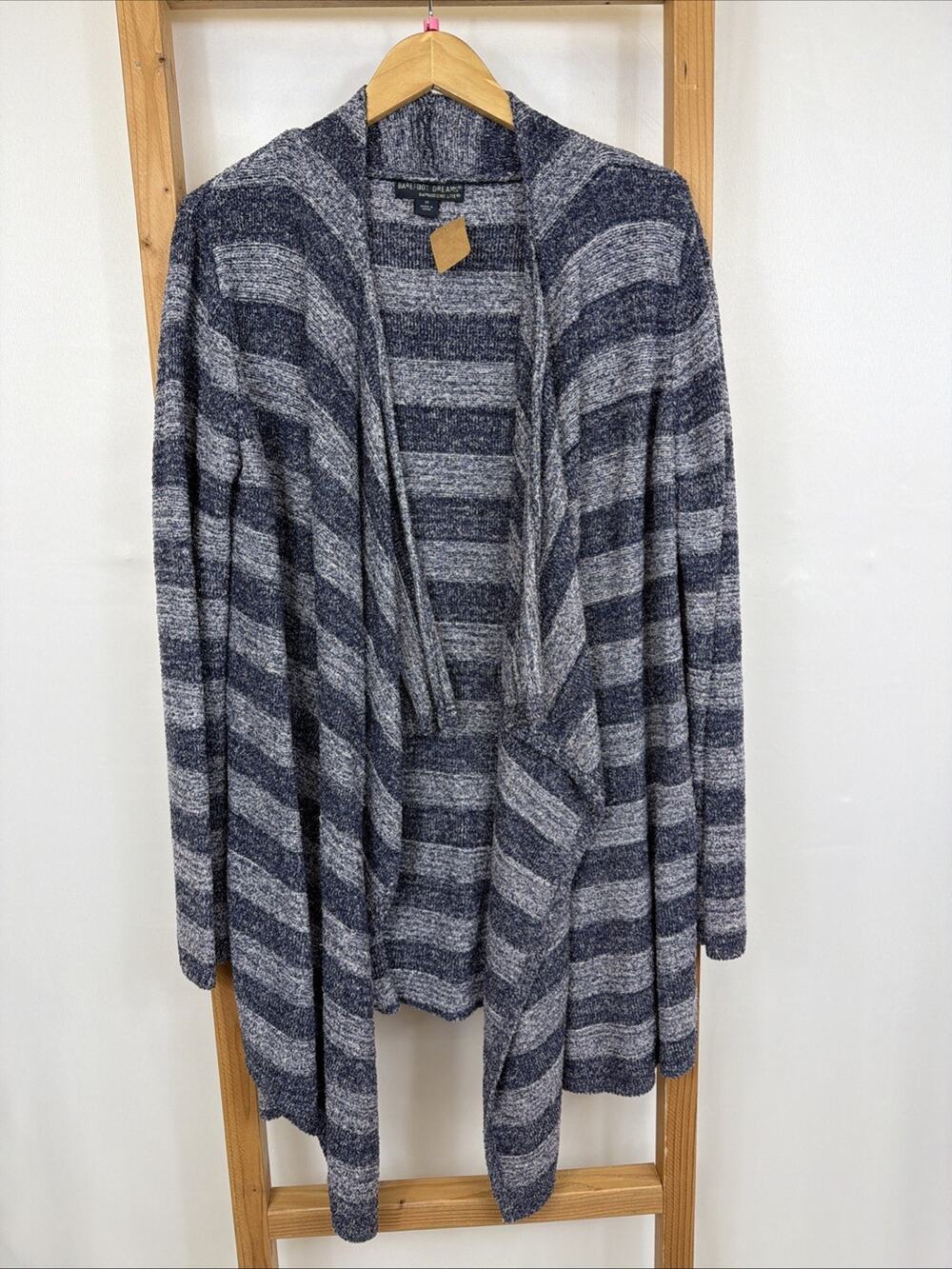 Barefoot Dreams Blue Striped Asymmetrical Long Open Cardigan #1576 Size 1X